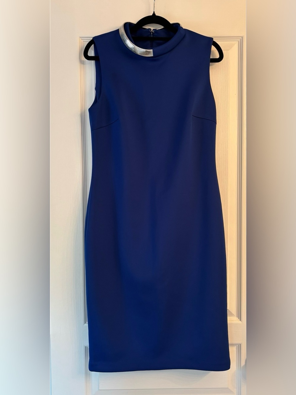 Calvin Klein Royal Blue Sleeveless Sheath Dress with Silver Collar Accent